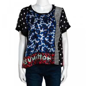 Louis Vuitton Multicolor Silk Jersey Trim Patch Print Top M 