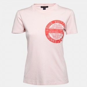 Louis Vuitton Pink World Tour Stamp Print Cotton Crew Neck T-Shirt S