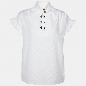 Louis Vuitton White Monogram Fil Coupé Cotton Frill Blouse S