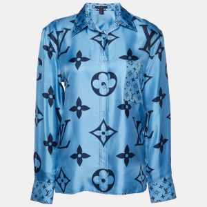 Louis Vuitton Blue Monogram Print Silk Button Front Shirt S