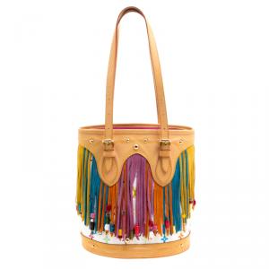 Pre Owned Louis Vuitton White Multicolor Monogram Canvas Limited Edition Fringe Bucket Bag