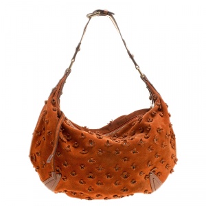 مملوكة مسبقًا Louis Vuitton Orange Monogram Suede Limited Edition Onatah Fleurs GM Hobo
