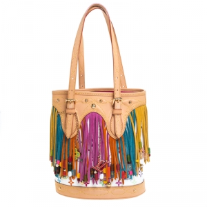 Pre Owned Louis Vuitton White Multicolor Monogram Canvas Limited Edition Fringe Bucket Bag with Pouch