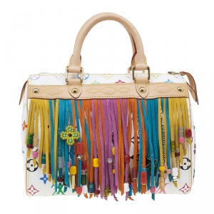 Pre Owned حقيبة لوي فيتون سبيدي 25 متعددة الألون بيضاء مونوغرامية إصدار محدود بشراشيب