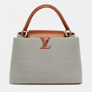 Pre Owned Louis Vuitton Caramel/Grey Leather and Canvas Capucines MM Bag