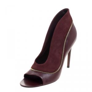 Pre Owned Louis Vuitton Burgundy Suede and Leather Zip Detail Open Toe Booties Size 38.5