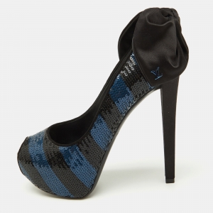 Louis Vuitton Black/Blue Sequins Platform Peep Toe Pumps Size 35.5