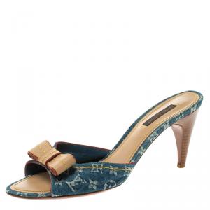 Pre Owned Louis Vuitton Blue Denim Monogram And Leather Bow Slides Size 38.5