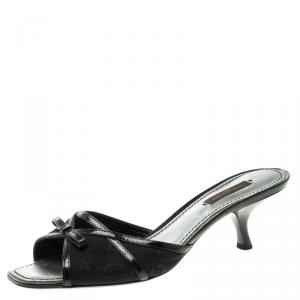 Pre Owned Louis Vuitton Black Canvas and Leather Bow Slides Size 38