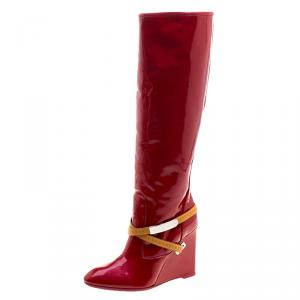 Pre Owned  Louis Vuitton Cherry Red Vernis Leather Knee High Wedge Boots Size 38.5
