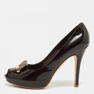  Louis Vuitton Burgundy Patent Leather Damier Bow Peep Toe Pumps  Size 40