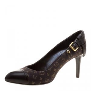 Pre Owned Louis Vuitton Brown Monogram Canvas Mini Lin Barbara Leather Cap Pointed Toe Pumps Size 37.5