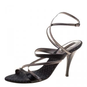 Pre Owned Louis Vuitton Black Python and Metallic Grey Leather Strappy Sandals Size 37