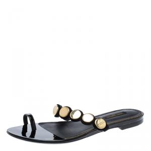 Pre Owned Louis Vuitton Black Embellished Suede and Leather Toe Ring Flat Sandals Size 36