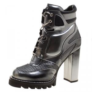 Pre Owned Louis Vuitton Metallic Grey Leather and Mesh Digital Gate Platform Ankle Boots Size 39