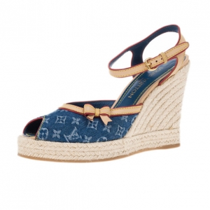 Pre Owned Louis Vuitton Denim Monogram Espadrilles Wedge Sandals Size 39.5