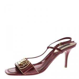 Pre Owned Louis Vuitton Red Patent Leather Logo Embellished Slingback Sandals Size 36.5