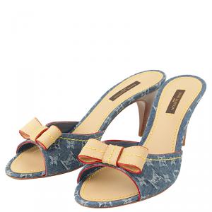 Pre Owned Louis Vuitton Blue Monogram Denim Bow Slides Size 38