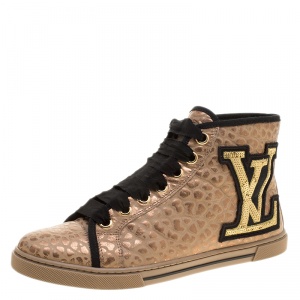 Louis Vuitton Gold Embossed Leather Punchy High Top Sneakers Size 37