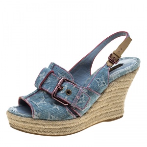 Pre Owned Louis Vuitton Bleached Monogram Denim Espadrille Wedge Slingback Sandals Size 38.5
