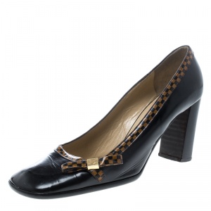 Pre Owned Louis Vuitton Black Leather Bow Detail Square Toe Block Heel Pumps Size 41