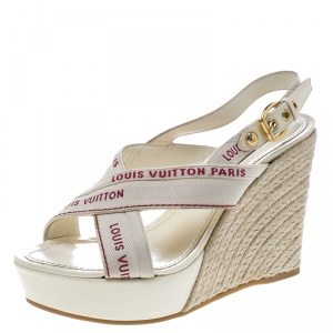Pre Owned Louis Vuitton Beige Canvas Cross Strap Espadrilles Wedge Sandals Size 37.5