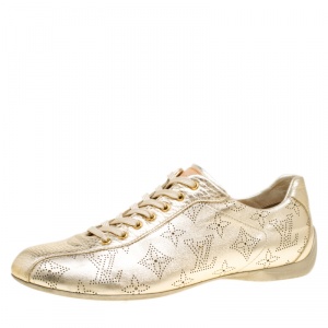 Louis Vuitton Metallic Gold Leather Perforated Leather Sneakers Size 38