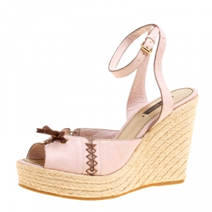 Pre Owned Louis Vuitton Blush Pink Leather Manyara Ankle Strap Espadrilles Wedges Sandals Size 40