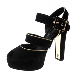 Pre Owned Louis Vuitton Black Suede Mowani Peep Toe Platform Sandals Size 38