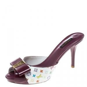 Pre Owned Louis Vuitton Purple Patent Leather And Monogram Canvas Peep Toe Slides Size 38