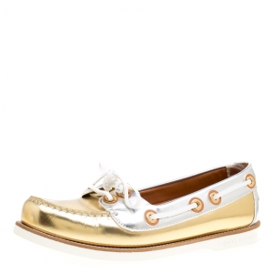 مملوكة مسبقًا Louis Vuitton Metallic Gold And Silver Leather Marina Boat Loafers Size 39