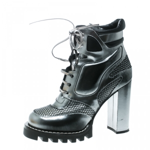 Pre Owned Louis Vuitton Metallic Grey Leather and Mesh Digital Gate Platform Ankle Boots Size 38