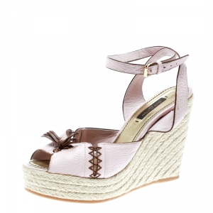 Pre Owned Louis Vuitton Blush Pink Leather Ankle Strap Espadrilles Wedge Sandals Size 36