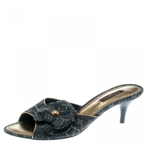 Pre Owned Louis Vuitton Black Monogram Denim Flower Detail Peep Toe Slides Size 37