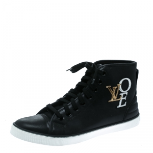 Louis Vuitton Black Leather Punchy Love Patch High Top Sneakers Size 39
