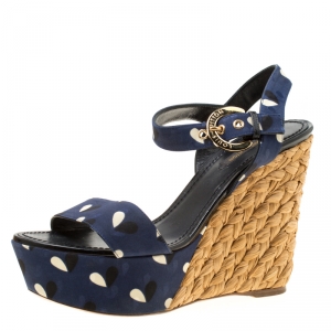 مملوكة مسبقًا Louis Vuitton Blue Printed Fabric Espadrille Wedge Sandals Size 38