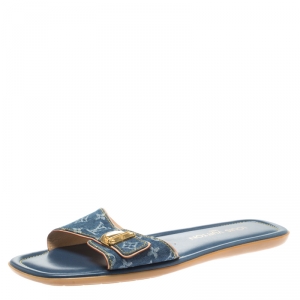 Pre Owned Louis Vuitton Blue Monogram Denim Buckle Detail Flat Slides Size 39