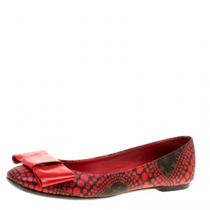 Pre Owned Louis Vuitton x Yayoi Kusama Limited Edition Red Polka Dot Monogam Canvas Bow Ballet Flats Size 38
