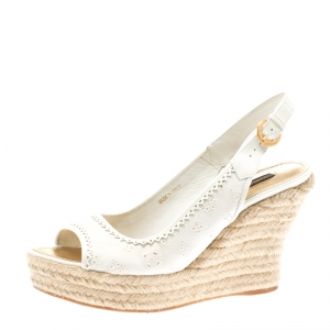 Pre Owned Louis Vuitton White Denim Monogram And Patent Leather Espadrilles Wedge Slingback Sandals Size 38