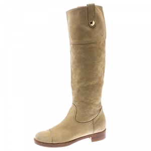 Pre Owned Louis Vuitton Beige Monogram Suede Mahina Knee Length Boots Size 36.5