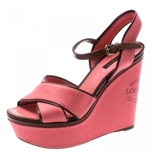 Pre Owned Louis Vuitton Pink Canvas And Leather Trim Articles De Voyage Platform Wedge Sandals Size 39