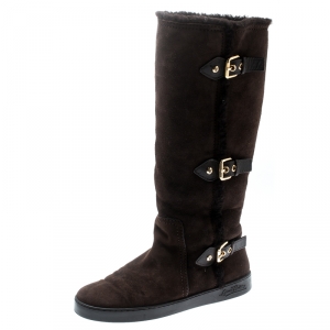 Pre Owned Louis Vuitton Brown Suede Buckle Detail Shearling Lined Knee High Flat Boots Size 38.5