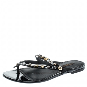 Pre Owned صندل بإصبع لوي فيتون مرصع جلد أسود مقاس 37.5