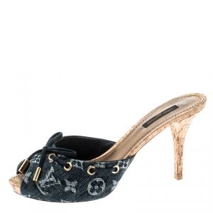 Pre Owned صندل سلايد لوي فيتون دينم أزرق مونوغرامي بفيونكة نعل فينيل مقدمة مفتوحة مقاس 37