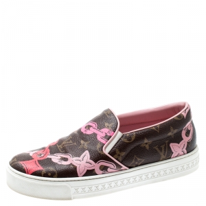 Louis Vuitton Brown Monogram Canvas Chain Print Harbor Slip on Sneakers Size 38