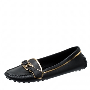 Pre Owned Louis Vuitton Metallic Gold And Black Leather Oxford Logo Detail Loafers Size 40