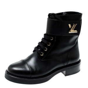 Pre Owned Louis Vuitton Black Leather Wonderland Ranger Ankle Length Combat Boots Size 36