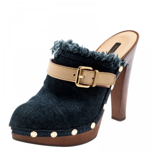 Pre Owned Louis Vuitton Denim And Leather Trim Buckle Platform Mules Size 39