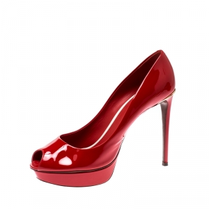 Pre Owned Louis Vuitton Red Patent Leather Eyeline Peep Toe Platform Pumps Size 40