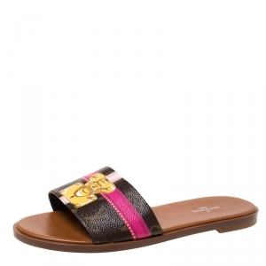 Pre Owned Louis Vuitton Monogram Coated Canvas Lock It Flat Slides Size 38